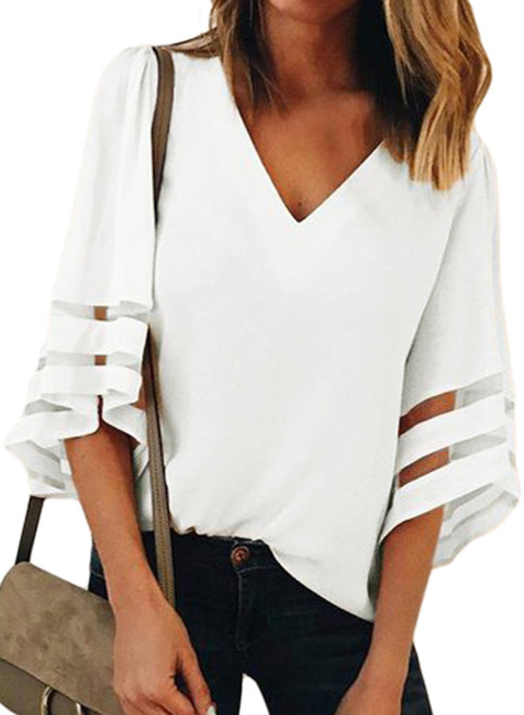 BLENCOT Womens Juniors Chiffon Blouse Shirt 3/4 Bell Sleeve Deep V Neck Patchwork Summer White Casual Tops Large