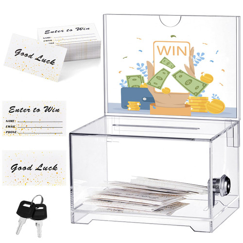 Teling Tall Acrylic Donation Box with Lock and Sign Plate Safe Suggestion Box with 100 Pcs Raffle Tickets Cards for Voting, Charity, Suggestion, Raffle (Transparent)