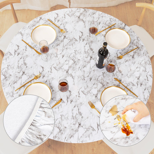 UMINEUX Round Fitted Vinyl Tablecloth with Elastic Edged & Flannel Backing, Waterproof Wipeable Round Table Cover for Indoor Outdoor Patio Use - Fits Tables up to 45" - 56" Diameter(WhiteMarble) UMINEUX Round Fitted Vinyl Tablecloth with Elastic Edged & Flannel Backing, Waterproof Wipeable Round Table Cover for Indoor Outdoor Patio Use - Fits Tables up to 45" - 56" Diameter(WhiteMarble)