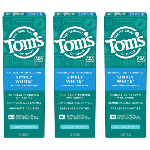 Toms of Maine Simply White Anticavity Toothpaste with Fluoride, Clean Mint, 3 Pack, 4.0 Oz
