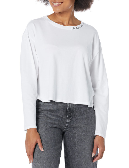 Calvin Klein Women's Long Sleeve Boxy Mock Neck Tee, White, Small