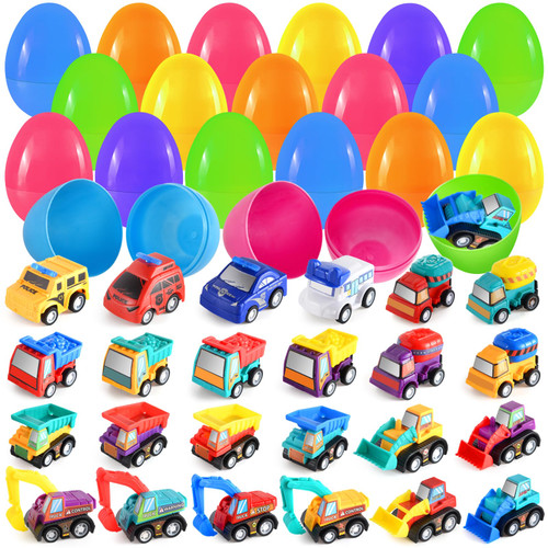 Ellinjan Prefilled Easter Eggs with Cars Toys Inside, 24 Pack Easter Eggs with Construction Vehicles for Easter Egg Hunt, Easter Basket Stuffers Filler,Classroom Prize,Party Favor for Kids Boys Girls