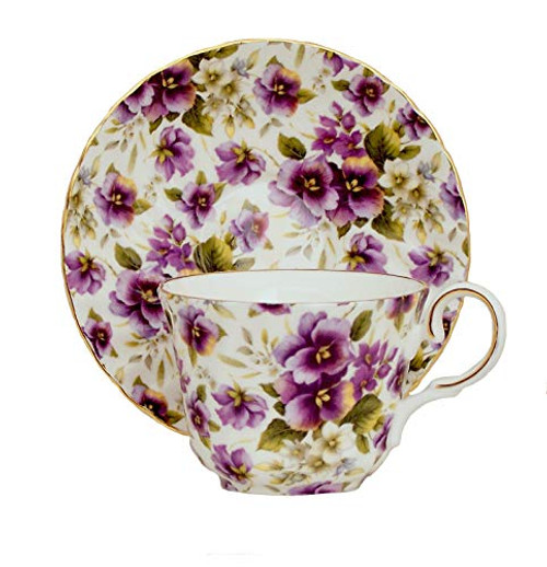 PURPLE PANSY CHINTZ TEA CUP AND SAUCER - Fine English Bone China PURPLE PANSY CHINTZ TEA CUP AND SAUCER - Fine English Bone China