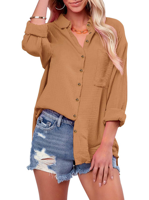 siliteelon Womens Button Down Shirts Cotton Long Sleeve Oversized Boyfriend Blouses Collared Dress Tops with Pockets - Camel S