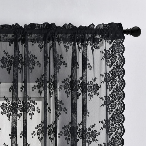 Kotile Black Lace Curtains 45 Inch Length 2 Panels Set, Country Rustic Gothic Floral Vintage Lace Curtains for Small Window, Rod Pocket Privacy Scalloped Sheer Lace Curtains, 52 x 45 Inch
