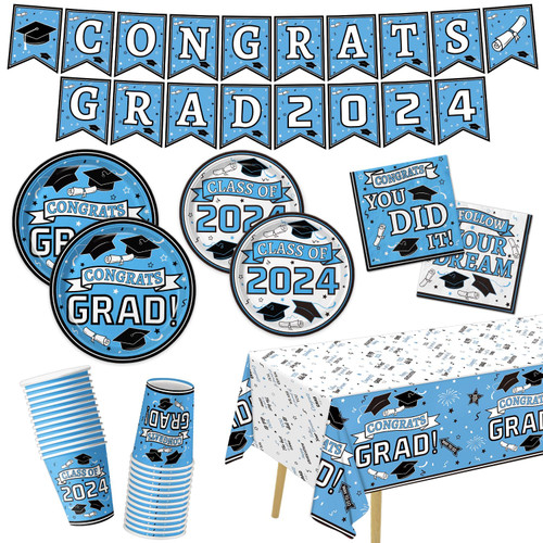 Graduation Party Supplies Graduation Party Tableware Set Congrats Grad Disposable Paper Plates Napkins Cups Tablecloth Banner for 2024 Sky Blue Graduation Party Decorations, Serve 25