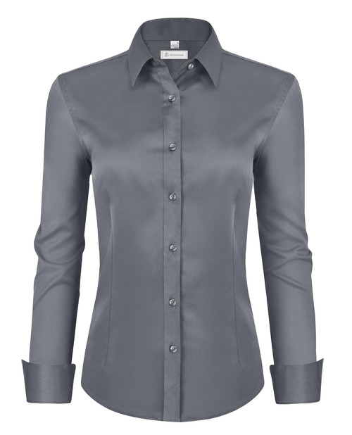 siliteelon Womens Classic-Fit Dress Shirts Long Sleeve Button Down Wrinkle-Free Stretch Solid Casual Work Office Blouse Top Grey Medium