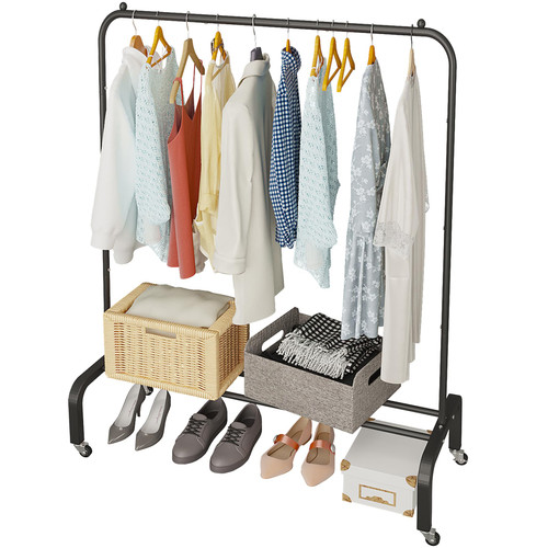 JIUYOTREE Metal Clothing Rack with Wheels, 43.3 Inches Rolling Clothes Garment Coat Rack with Bottom Shelf, Clothing Rack for Hanging Clothes, Coats, Skirts, Shirts, Sweaters, Black