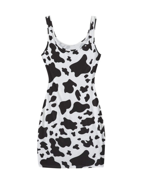 Romwe Women's Cow Print Sleeveless Scoop Neck Bodycon Tank Mini Dress Black and White XL