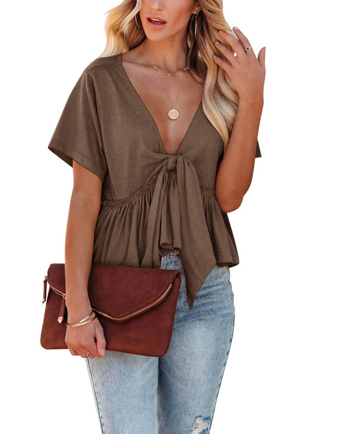 Fanway&EC Women's Short Sleeve V Neck Blouses Ruffle Hem Tie Front Crop Tops Lightweight Basic Summer Tops (Brown,Small,Small,US,Alpha,Adult,Female,Regular,Regular)