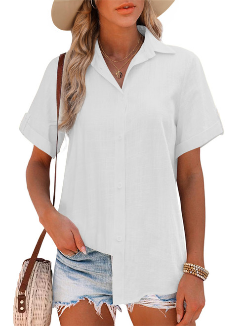 Pausus Womens White Button Down Shirt Casual Short Sleeve Loose Fit Cotton Work Blouse Linen Tops White XL