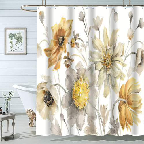Yellow And Gray Flower Shower Curtain Set, Farmhouse Shower Curtains For Bathroom, Rustic Shower Curtain, Yellow Sunflower Shower Curtain Waterproof Fabric Shower Curtain 72x72 Inch(With 12 Hooks)