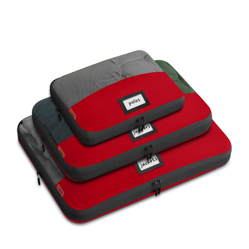 ZOOM LITE Set of 3 Durable Compression Packing Cubes Travel Organizer for Suitcases Made from Recycled Plastic Bottles, Featuring Double Zippers for Hassle-Free Packing Travel Essentials - Red