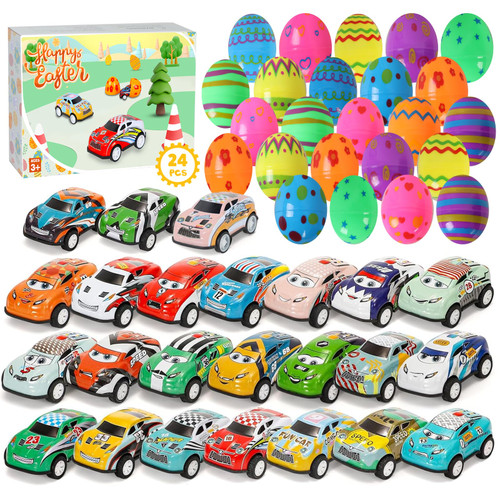 YiHee 24 Pcs Easter Eggs Pre Filled with Pull Back Cars, Colorful Prefilled Plastic Eggs with Mini Cars for Kids Boys Girls, Toys Gift for Easter Egg Hunt, Easter Party Favor (24 Cars-A)