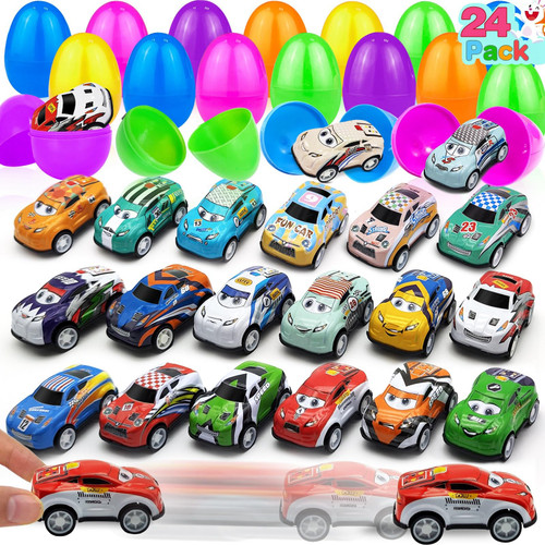 24 Pack Easter Eggs Filled with Pull Back Cars, Easter Toys Colorful Racing Vehicle for Kids Boys Toddlers Egg Hunt Easter Basket Stuffers Surprise Egg Hunt Easter Eggs Filler Gift Easter Party Favors