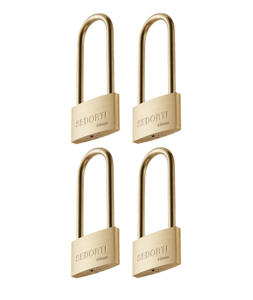 SEDORTI Weather Proof Lock, Keyed Alike Solid Brass Padlocks with Long Brass Shackle, Light Duty, 1-1/2" Wide Body, Marine Padlock, Anti Rust Lock, 4 Pack