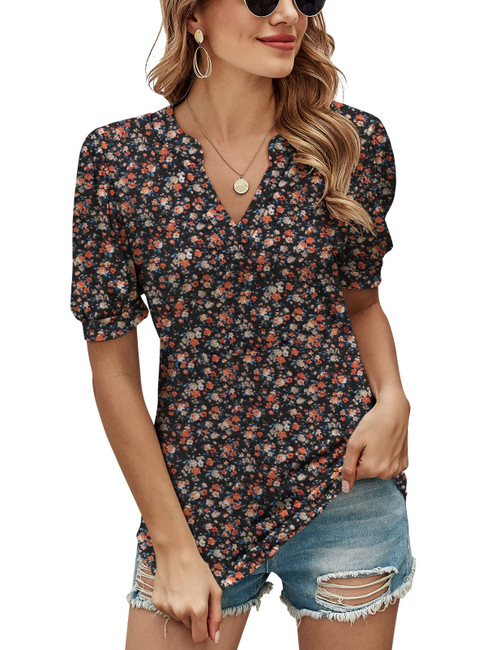 Romanstii Women V-Neck Tee Casual Puff Short Sleeve Blouse Top for Summer,Black/Orange Floral,M