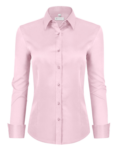 siliteelon Womens Classic-Fit Dress Shirts Long Sleeve Button Down Wrinkle-Free Stretch Solid Casual Work Office Blouse Top Pink Large