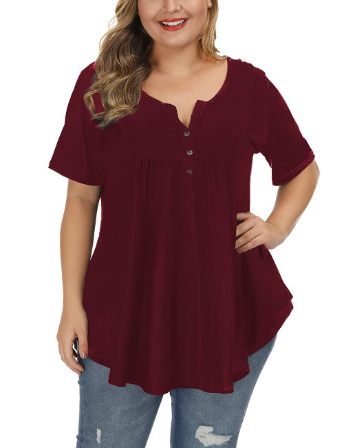 ALLEGRACE Plus Size Tunics for Women Short Sleeve Flowy Pleated Casual Tunic Tops Solid Wine Red 2X