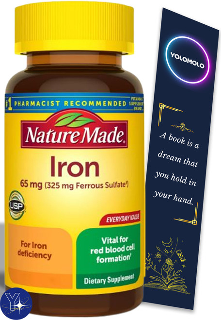 Iron 65 mg (325 mg Ferrous Sulfate) Tablets, Nature Made Dietary Supplement, 150 Count and Bookmark Gift of YOLOMOLO Iron 65 mg (325 mg Ferrous Sulfate) Tablets, Nature Made Dietary Supplement, 150 Count and Bookmark Gift of YOLOMOLO