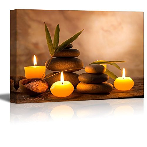 wonbye Canvas Prints Wall Art - Spa Still Life with Aromatic Candles and Zen Stones | Modern Wall Decor/ Home Decoration Stretched Gallery Canvas Wrap Giclee Print & Ready to Hang - 16" x 24"