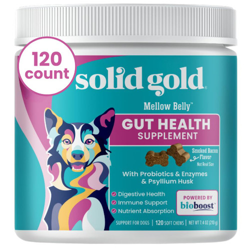 Solid Gold Dog Probiotic Chews - Bacon Flavor Soft Chews for Dog Digestive Support - Mellow Belly Probiotic for Dogs with Fiber & Digestive Enzymes for Bowel Support & Gut Health - 120 Count Solid Gold Dog Probiotic Chews - Bacon Flavor Soft Chews for Dog Digestive Support - Mellow Belly Probiotic for Dogs with Fiber & Digestive Enzymes for Bowel Support & Gut Health - 120 Count