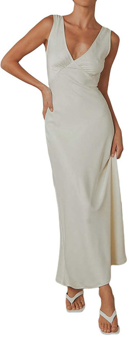 Y2k Bodycon Floral Maxi Dress for Women Spaghetti Strap Backless Deep V Neck Cutout Slim Satin Boho Midi Long Dresses Summer White