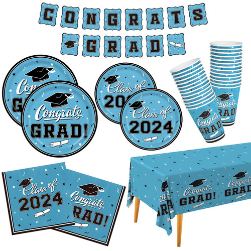 Graduation Party Supplies Gatherfun 2024 Graduation Party Dinnerware Set Sky Blue Disposable Paper Plates Napkins Cups Tablecloth Banner for Congrats Grad Party Decorations, Serve 25
