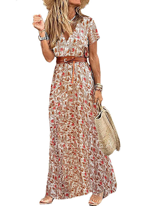 Women Summer Casual Boho Dresses Short Sleeve V-Neck Floral Split Maxi Beach Dress White M