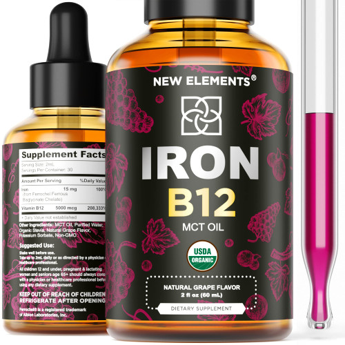 Liquid Iron Supplement for Women & Men with Vitamin B12 5000mcg - Free Blood Builder for Anemia - Liquid Vitamin B12 Drops for Adults with MCT Oil, Natural Grape Flavor, 2 Fl Oz Liquid Iron Supplement for Women & Men with Vitamin B12 5000mcg - Free Blood Builder for Anemia - Liquid Vitamin B12 Drops for Adults with MCT Oil, Natural Grape Flavor, 2 Fl Oz