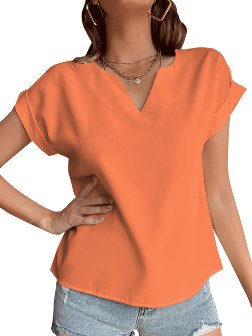 LYANER Women's Casual Notched V Neck Rolled Short Sleeve Work Blouse T-Shirt Top Light Orange Large