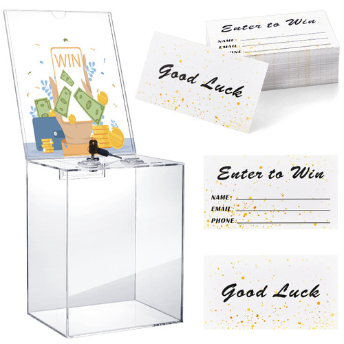 Teling Tall Acrylic Donation Box with Lock and Sign Plate Safe Suggestion Box with 100pcs Raffle Tickets Cards for Raffle, Money, Voting, Charity, Suggestion (Transparent,5.9 x 7.9 x 9.8 inch)