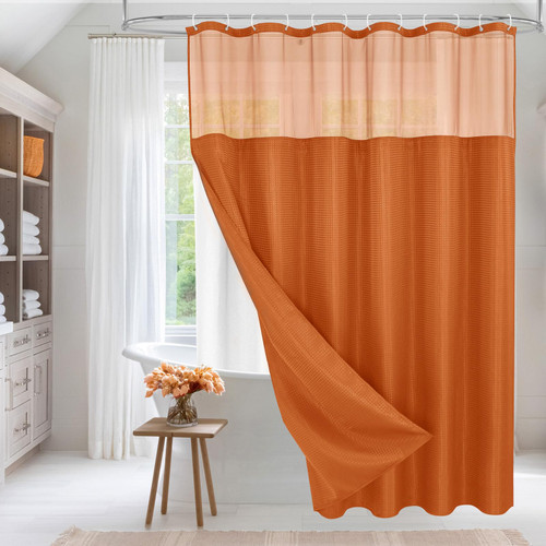 MitoVilla Orange Waffle Shower Curtain with Snap-in Liner, Modern Waffle Weave Fabric Shower Curtain for Luxury Hotel & Spa Bathroom Decor, 72 x 72, Burnt Orange