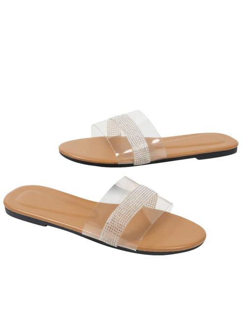 GORGLITTER Women's Clear Rhinestone Slide Flat Sandals Clear Slip On Open Toe Sandals Apricot 8