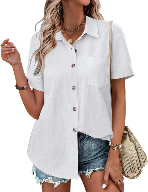 Zeagoo White Button Up Shirt Women Short Sleeve Work Tops Cotton Linen Dressy Outfits Blouses Dressy Casual