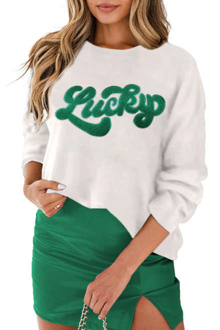 LEMAFER Women's 2024 St. Patrick's Day Sweater Green Sequin Lucky Letter Round Neck Casual Long Sleeve Sweatshirt Pullover Tops