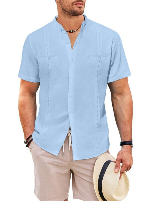 JMIERR Men's Cuban Guayabera Shirts Casual Long Sleeve Button Down Shirts Band Collar Linen Summer Beach Shirts, US 43(L), A Sky Blue