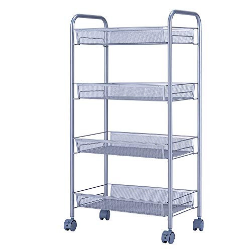 SINGAYE 4 Tier Metal Mesh Rolling Cart Mesh Storage Shelving Trolley Rolling Household Cart Silver