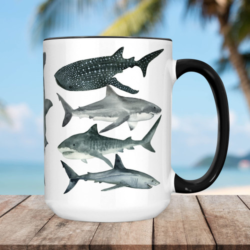Shark Coffee Mug, Great white Shark, Whale Shark, Hammerhead Shark and others Ceramic Cup, Microwave Dishwasher Safe (15 oz Black Accent)
