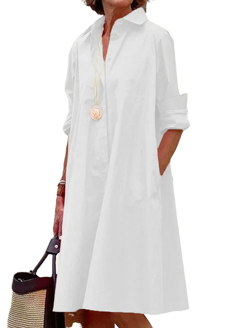 chouyatou Women's Spring Summer Button-Down Shirt Dress Loose A-Line Midi Shift Tunic Dress (Medium, White)