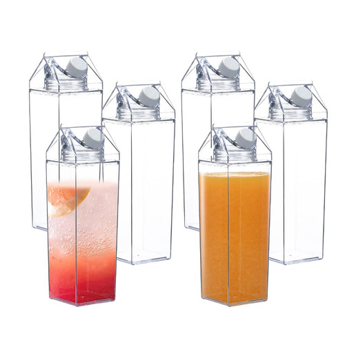 Voittozege 6 Pack 34 oz Clear Milk Carton Water Bottle Milk Carton Water Bottle Clear Square Milk Bottles Leakproof Square Milk Box Portable Juice Bottle Reusable Plastic Milk Bottles for Juice Tea