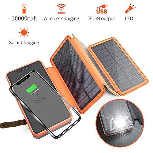 Solar Charger 10000mAh QI Wireless Portable Solar Power Bank, Outdoor External Battery Pack with 3 Foldable Solar Panels, Flashlight, IPX5, Dual 5V/2.1A USB Output for Smartphones, Tablets