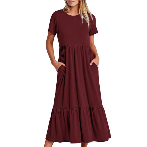 Women's 2024 Summer Dress Casual Short Sleeve Ruffle Swing Sundress Flowy Tiered Maxi Beach Dresses with Pocket