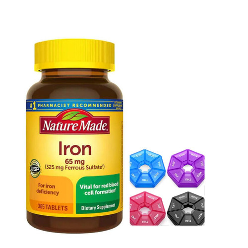 Nature Made Iron 65 mg (325 mg Ferrous Sulfate) Dietary Supplement for Red Blood Cell Support 365 Tablets, 365 Day Supply INCLUD Pill CASE Nature Made Iron 65 mg (325 mg Ferrous Sulfate) Dietary Supplement for Red Blood Cell Support 365 Tablets, 365 Day Supply INCLUD Pill CASE