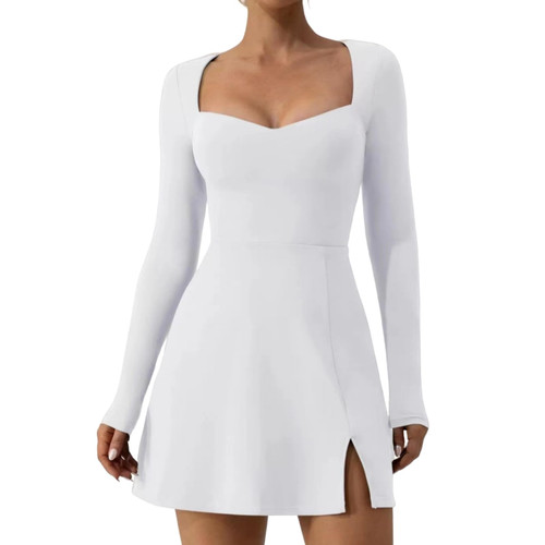 BEYSG Women's Square Neck Bodycon Dress Long Sleeve Side Slit Flare Mini Dresses (US, Alpha, Medium, Regular, Regular, White)