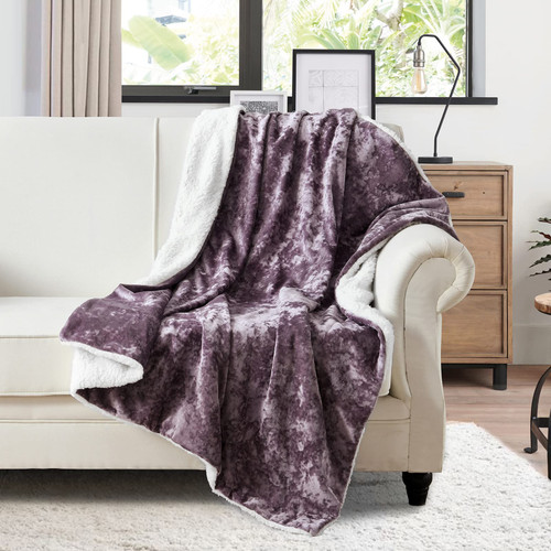Luxury Crushed Velvet Sherpa Fleece Throw Blanket, Reversible Soft Thick Warm Plush Throw Fuzzy Blanket for Sofa, Couch and Bed, Travel, 50"x60", Purple