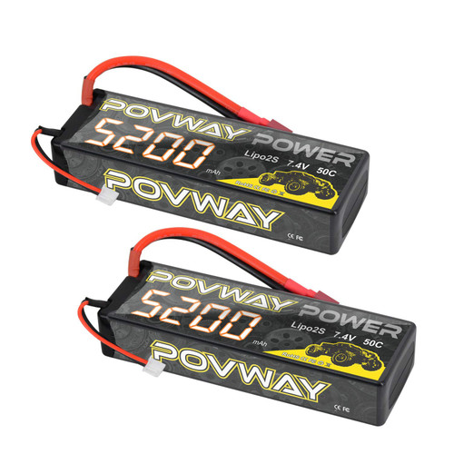 POVWAY 2S Lipo Battery 5200mAh 50C 7.4V RC Battery Hard Case for RC Cars, RC Truck, RC Airplane, RC Helicopter, Drone, Quadcopter - 2pack (52002S50C-T Plug)