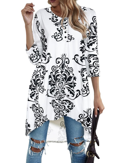 Naggoo Women's Tops 3/4 Sleeve Shirts V Neck Plus Size High Low Blouses Tunic Top 3XL White Black
