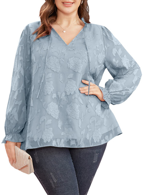 Eytino Plus Size Tops for Women Casual V Neck Long Sleeve Drawstring Chiffon Dressy Blouse Shirts,4X Sky Blue