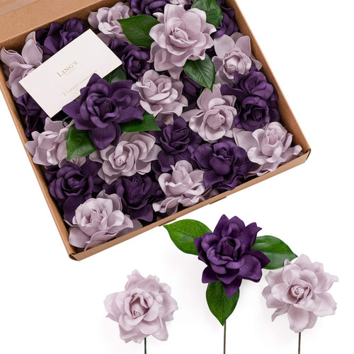 Ling's Moment Flowers 25pcs Fake Gardenia Lilac & Purple Flowers Artificial Flowers with Stem, Fake Flower for DIY Wedding Decorations Centerpieces Bouquets Boutonnieres
